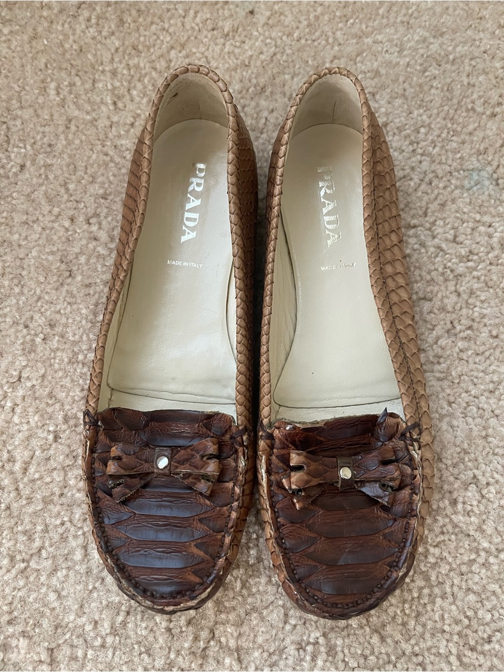 PRADA Brown Textured Leather Loafers with Bow Detail